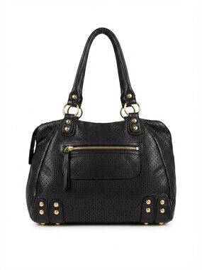 Linea Pelle Black Perforated Italian Leather Handbag Satchel Gold Hardware